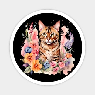 A bengal cat decorated with beautiful watercolor flowers Magnet